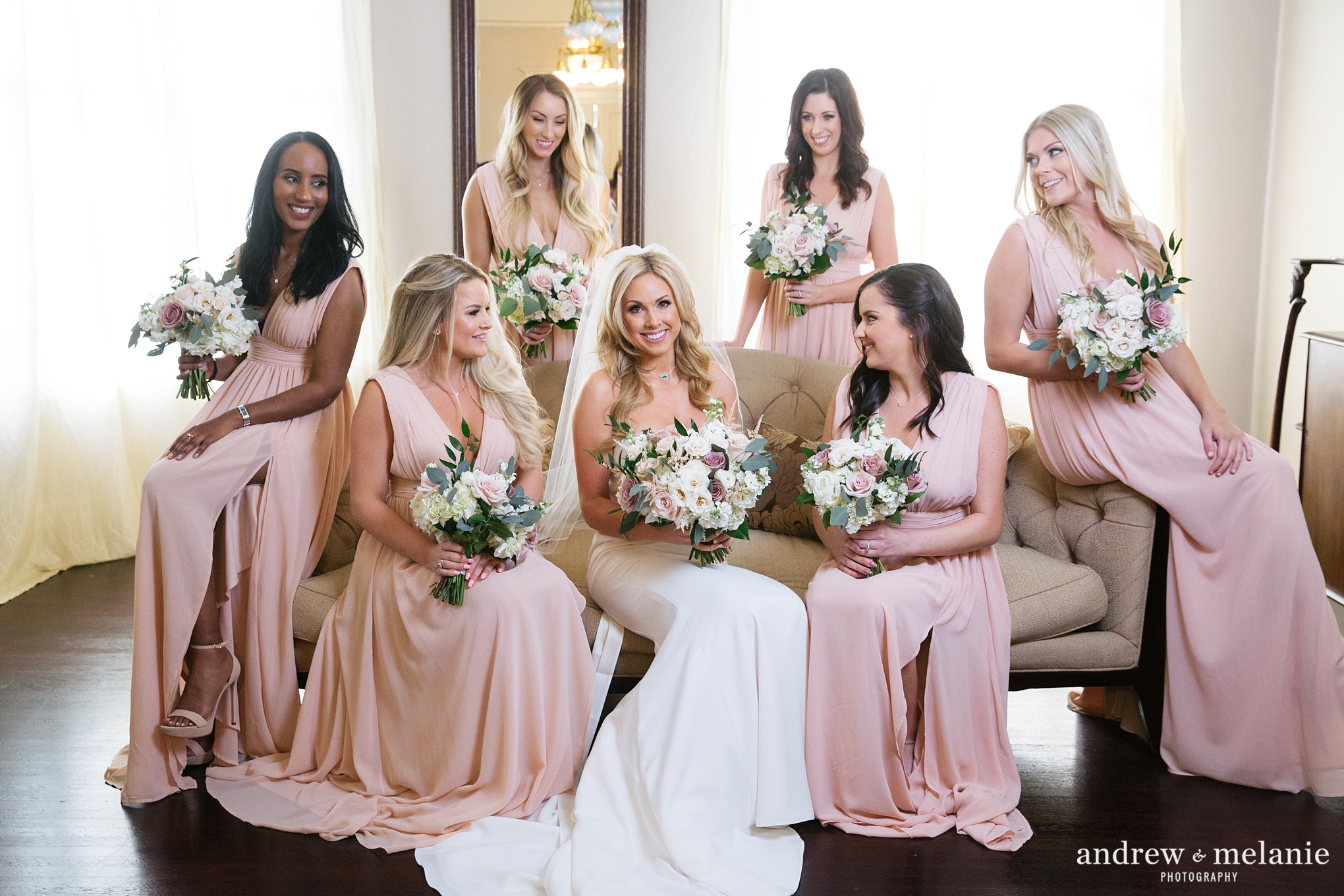 Bride and bridesmaids in the bridal suite at Vizcaya in Sacramento, CA