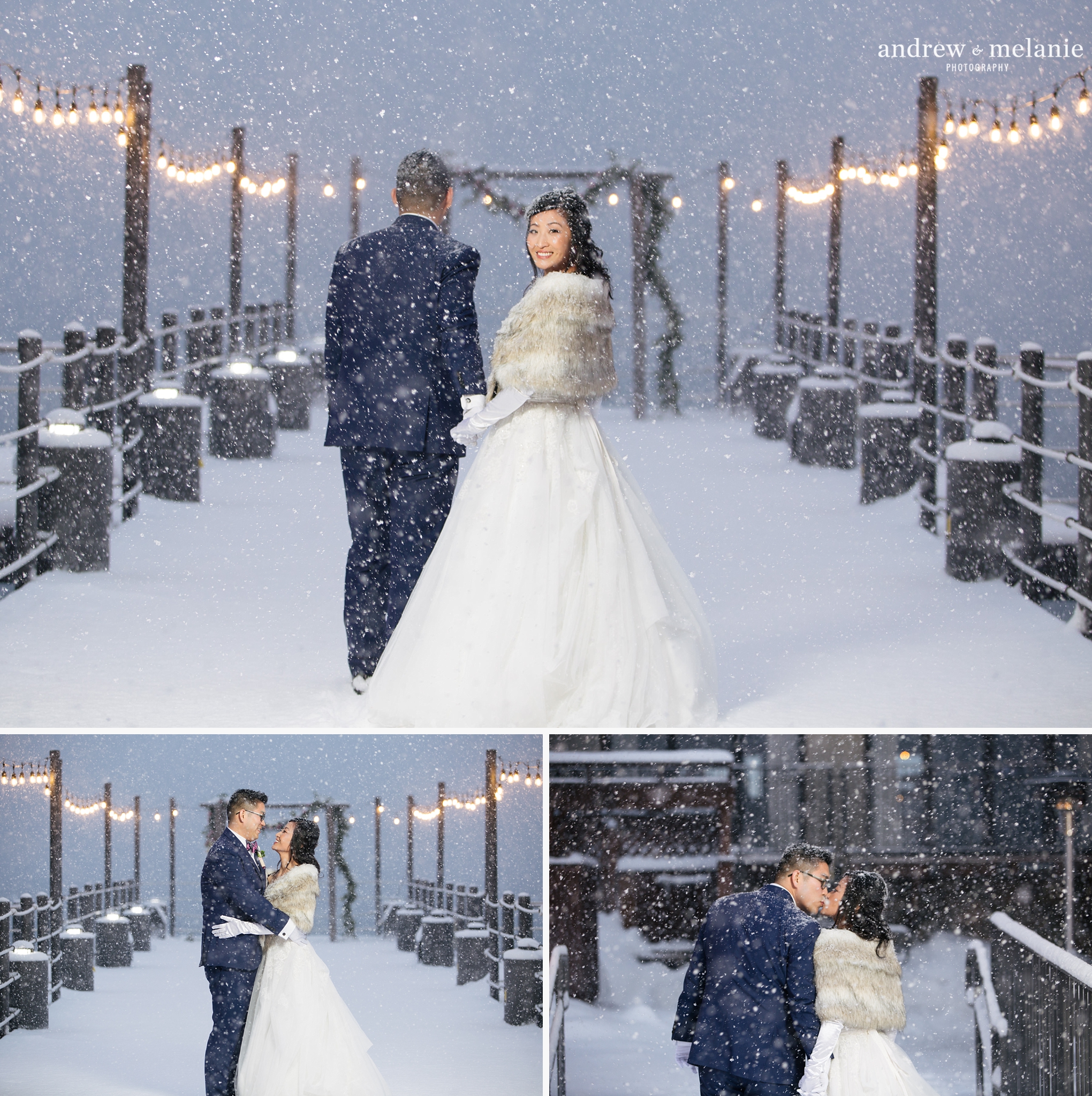 Snowy wedding photos Lake Tahoe, Ca West Shore Cafe Pier