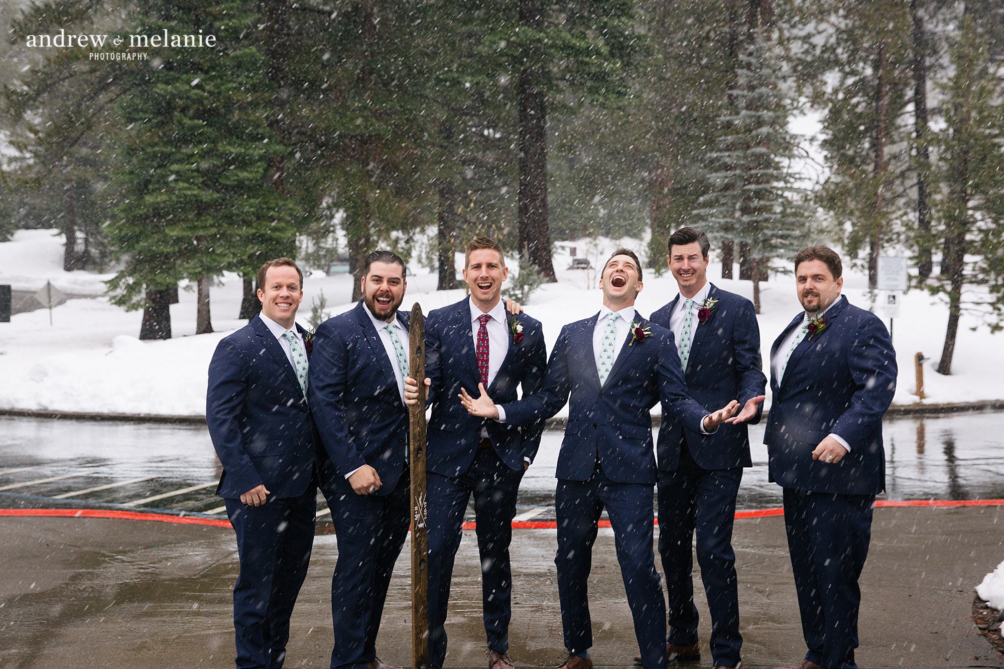 groomsmen photo on snowy day in Lake Tahoe squaw valley resort