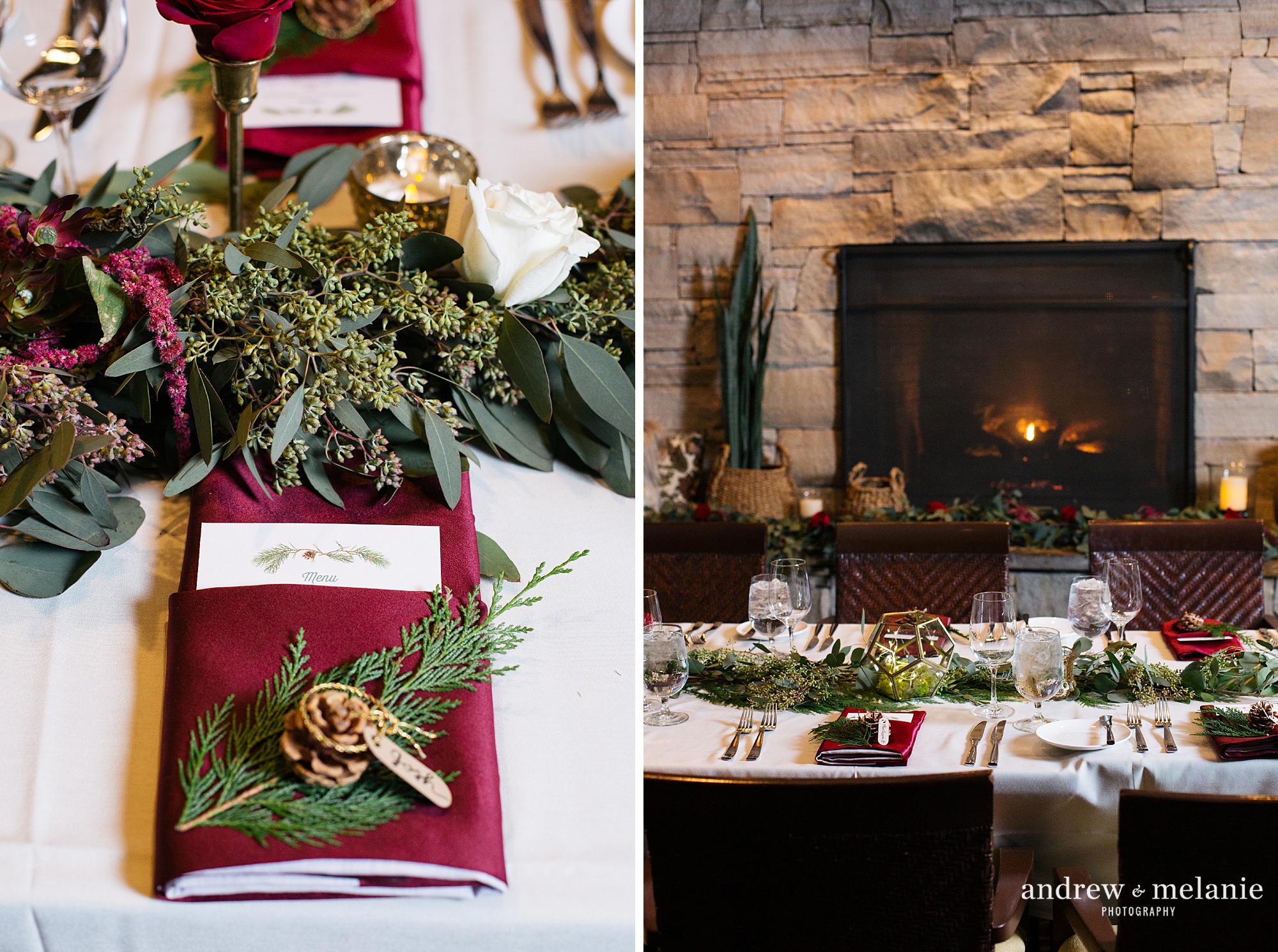 winter wedding table burgundy and green Lake Tahoe squaw valley resort