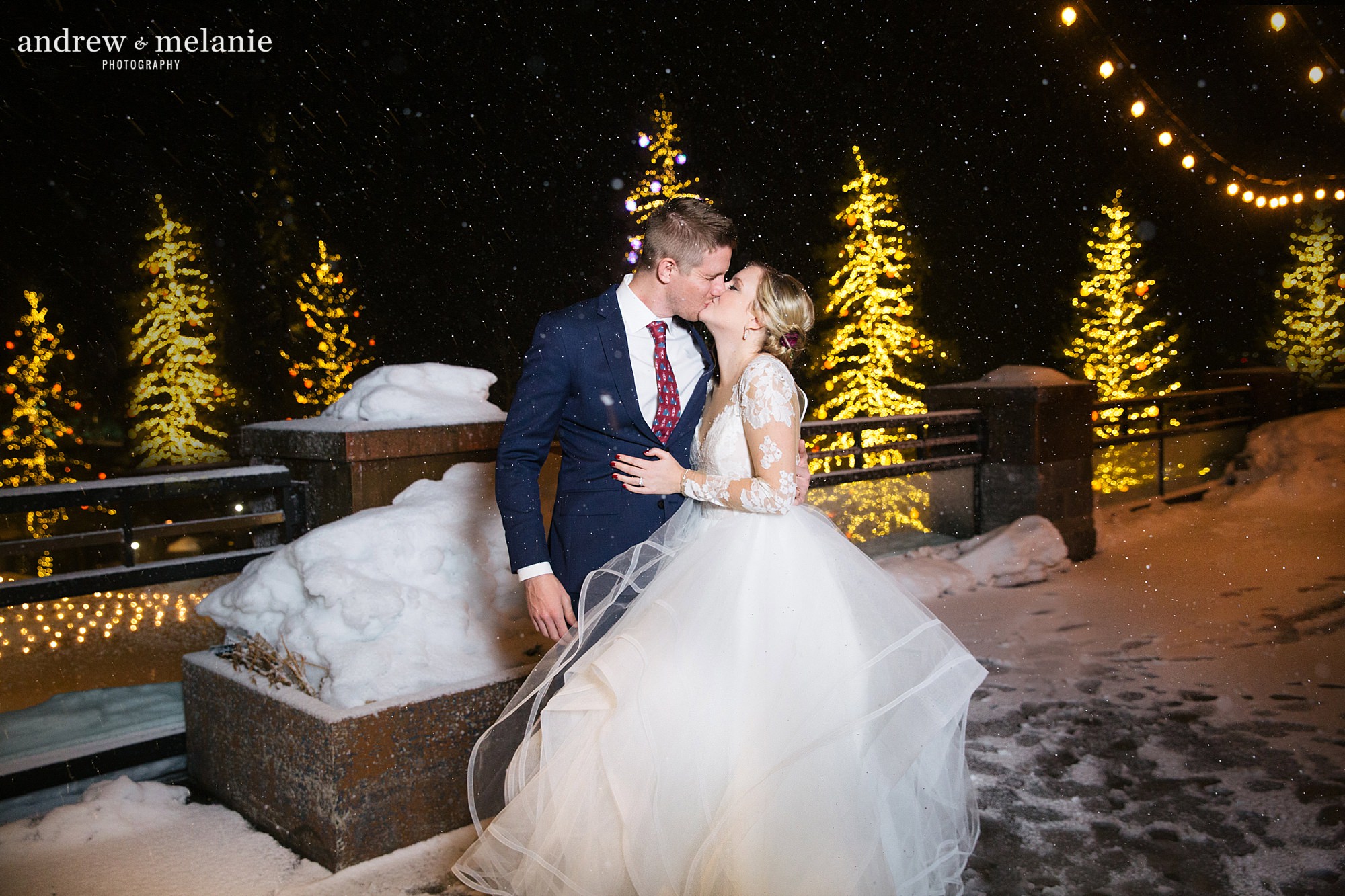 winter wedding in Lake Tahoe squaw valley resort. Bride and groom in snow