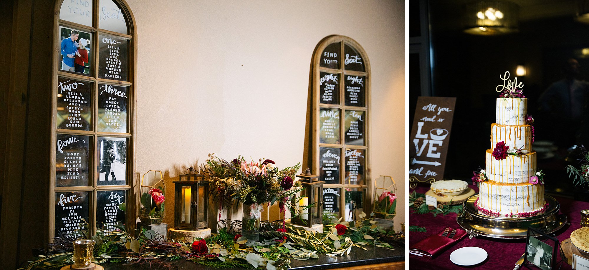 winter wedding deatils welcome table with greenery and burgundy flowers