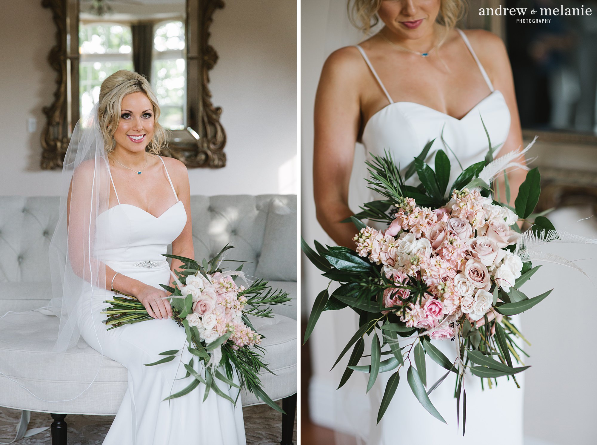 Wolfe Heights Event Center Spring wedding photos. Bride in bridal room with blush pink bouquet
