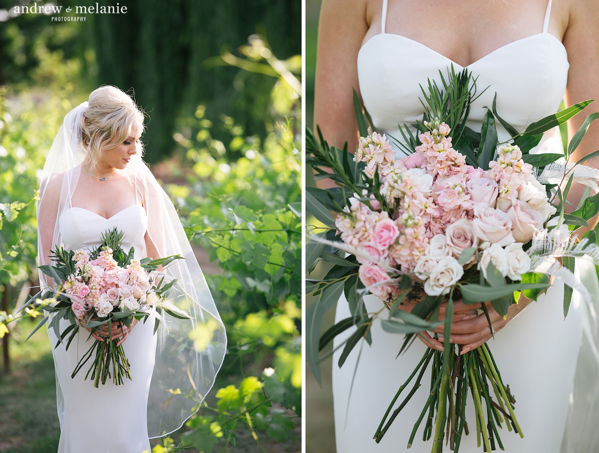 Wolfe Heights Event Center in Sacramento, CA. Spring wedding photos in garden with blush pink wedding bouquet