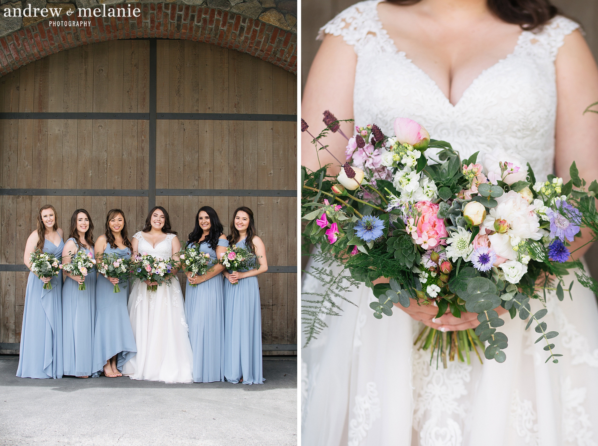 bride with bridesmaids in blue dresses at Miner's Foundry Nevada City, CA
