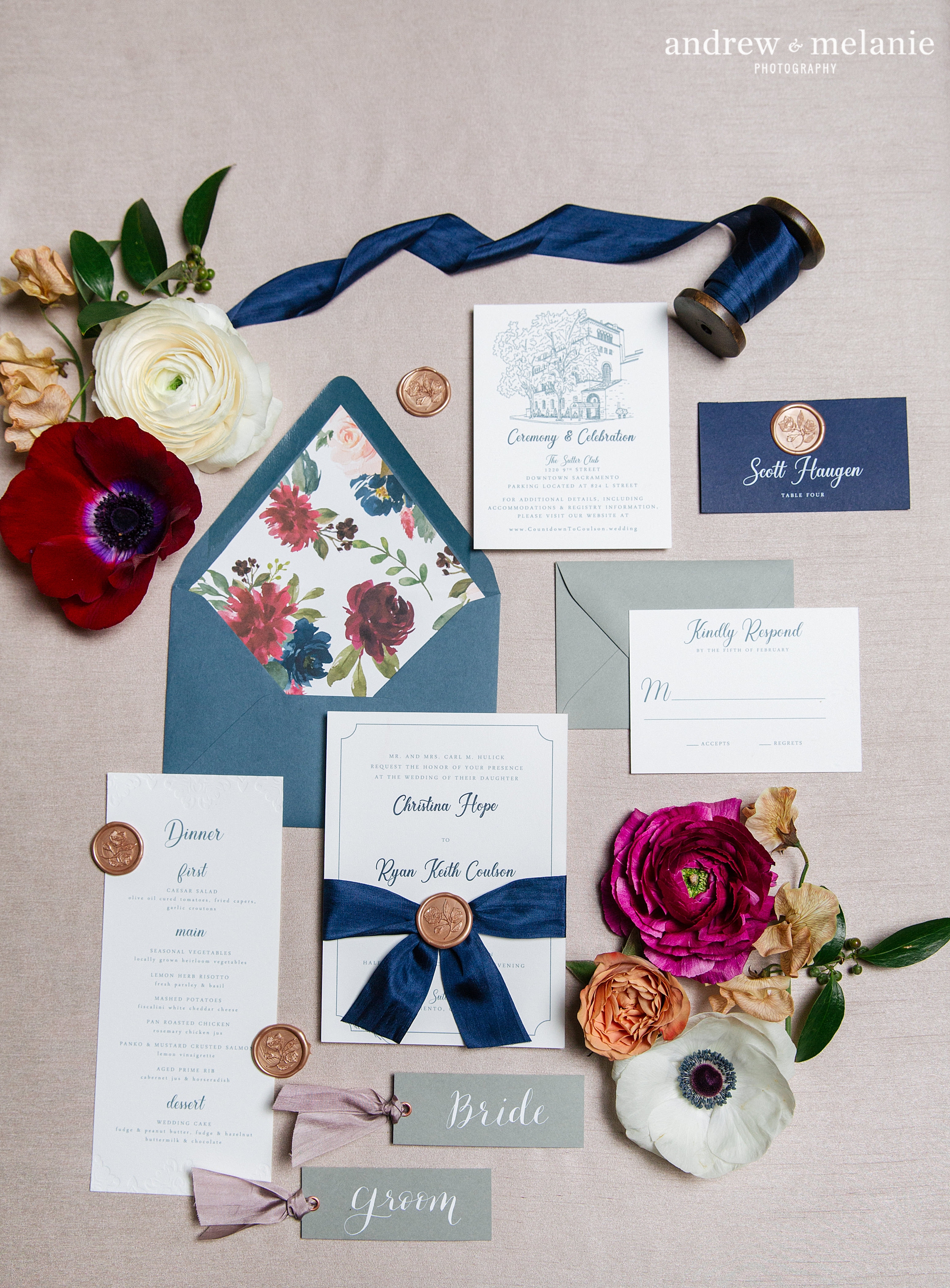 Wedding paper suite by little bird paper compnay. Photo by Andrew & Melanie Photography