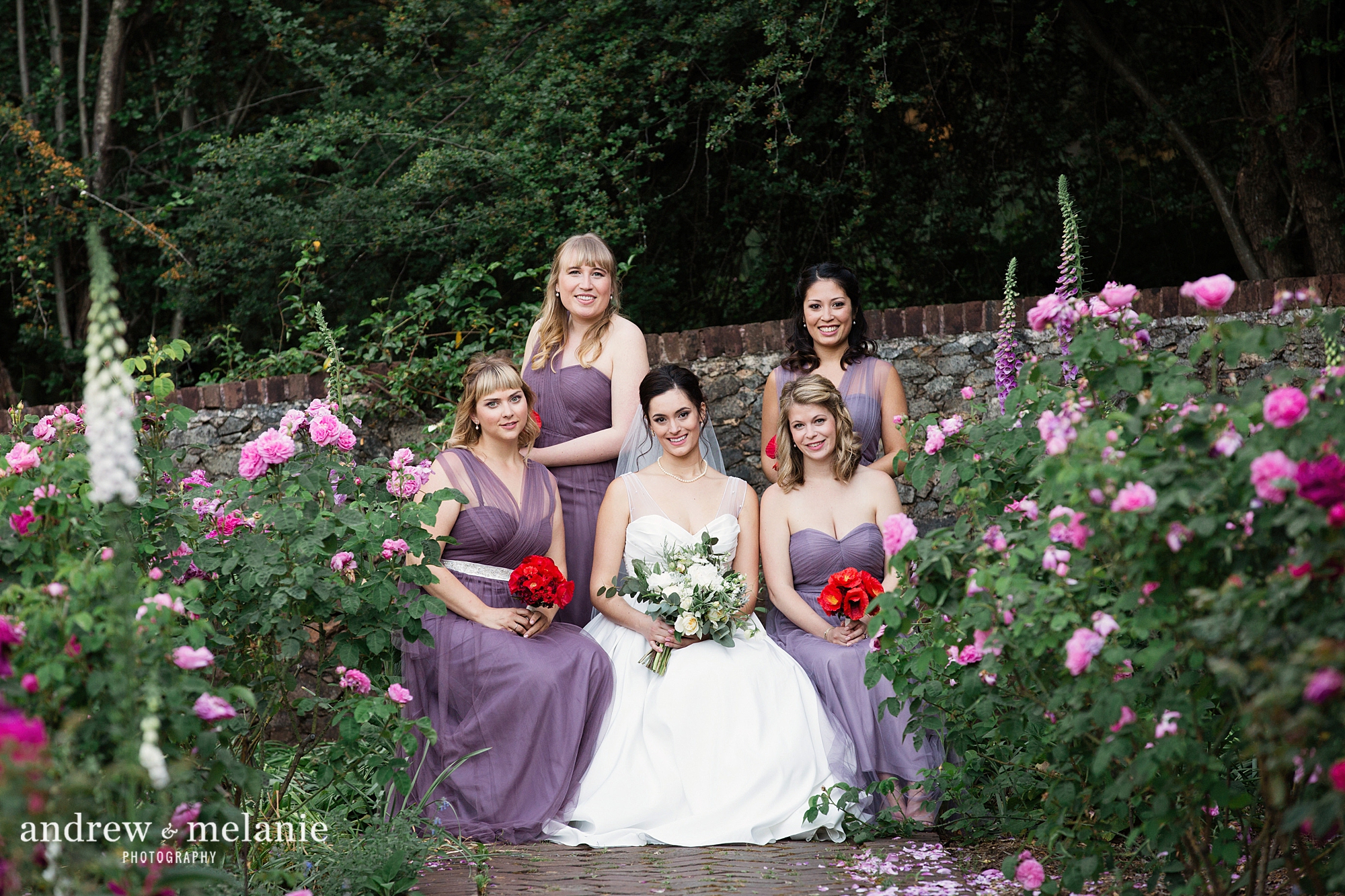 Bridal party in garden at Empire Mine State Park, Grass Valley CA