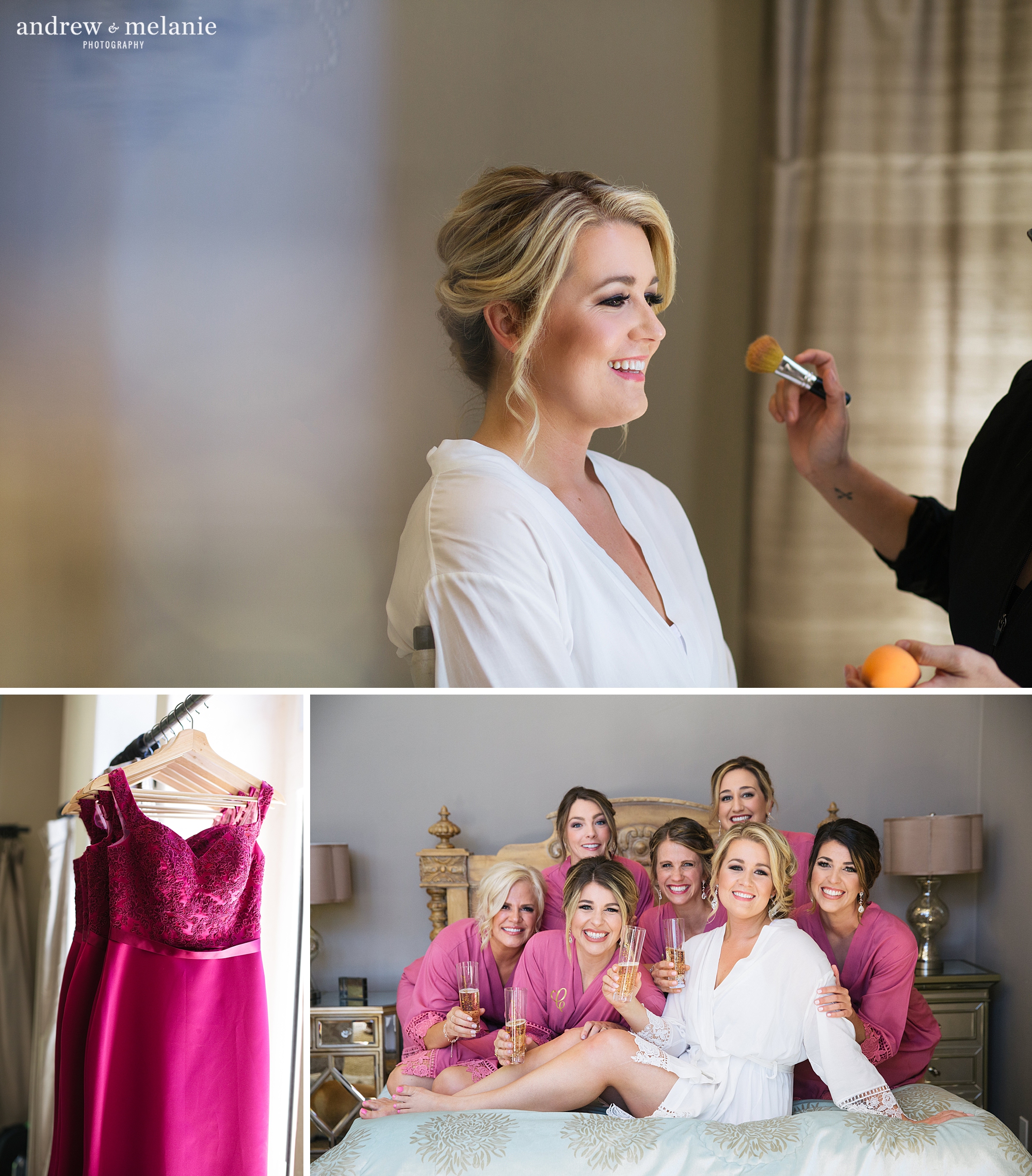 bride and bridesmaids getting ready photos with pink robes