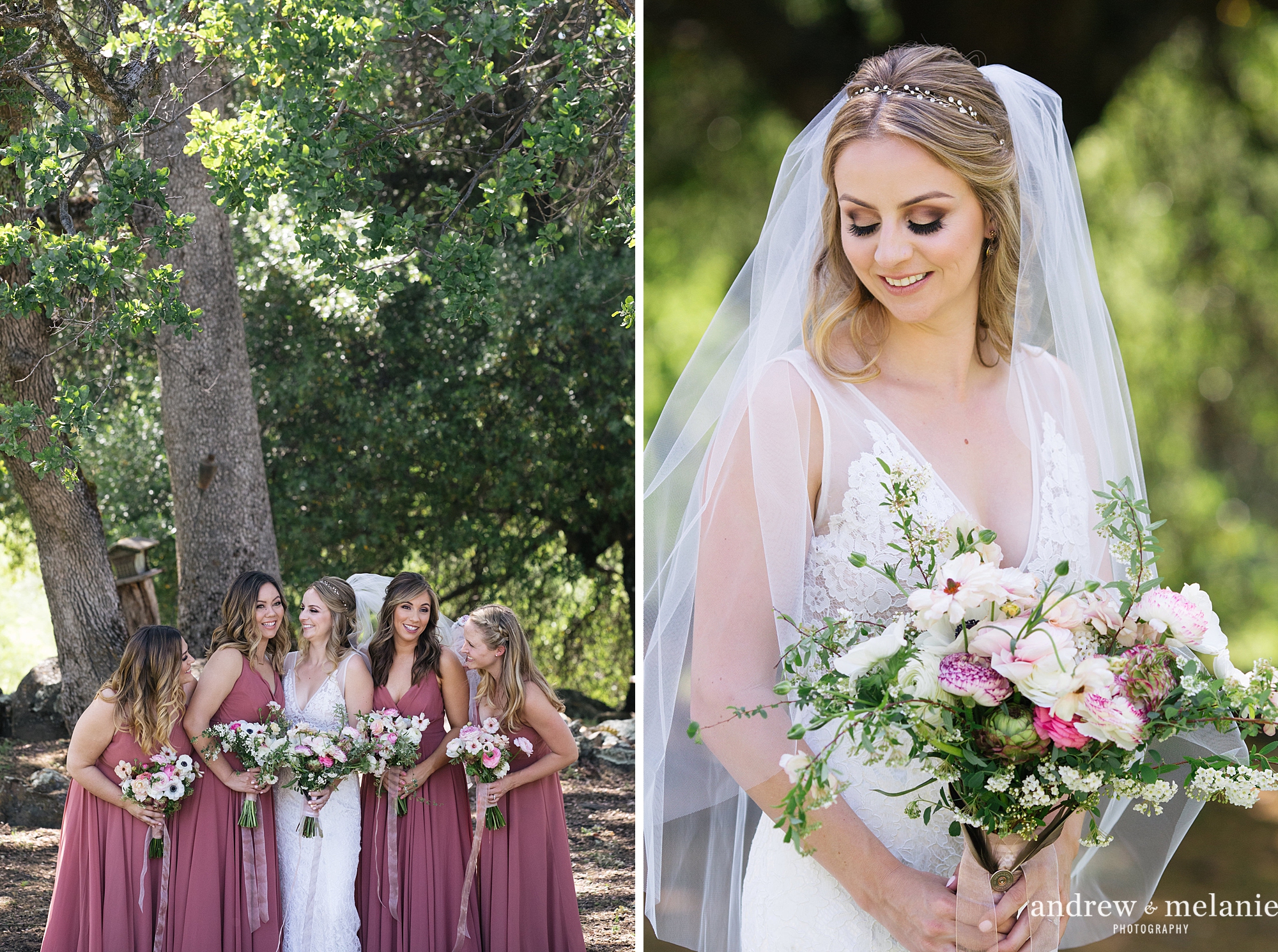 bride with bridesmaids in mauve dresses at River Highlands Ranch