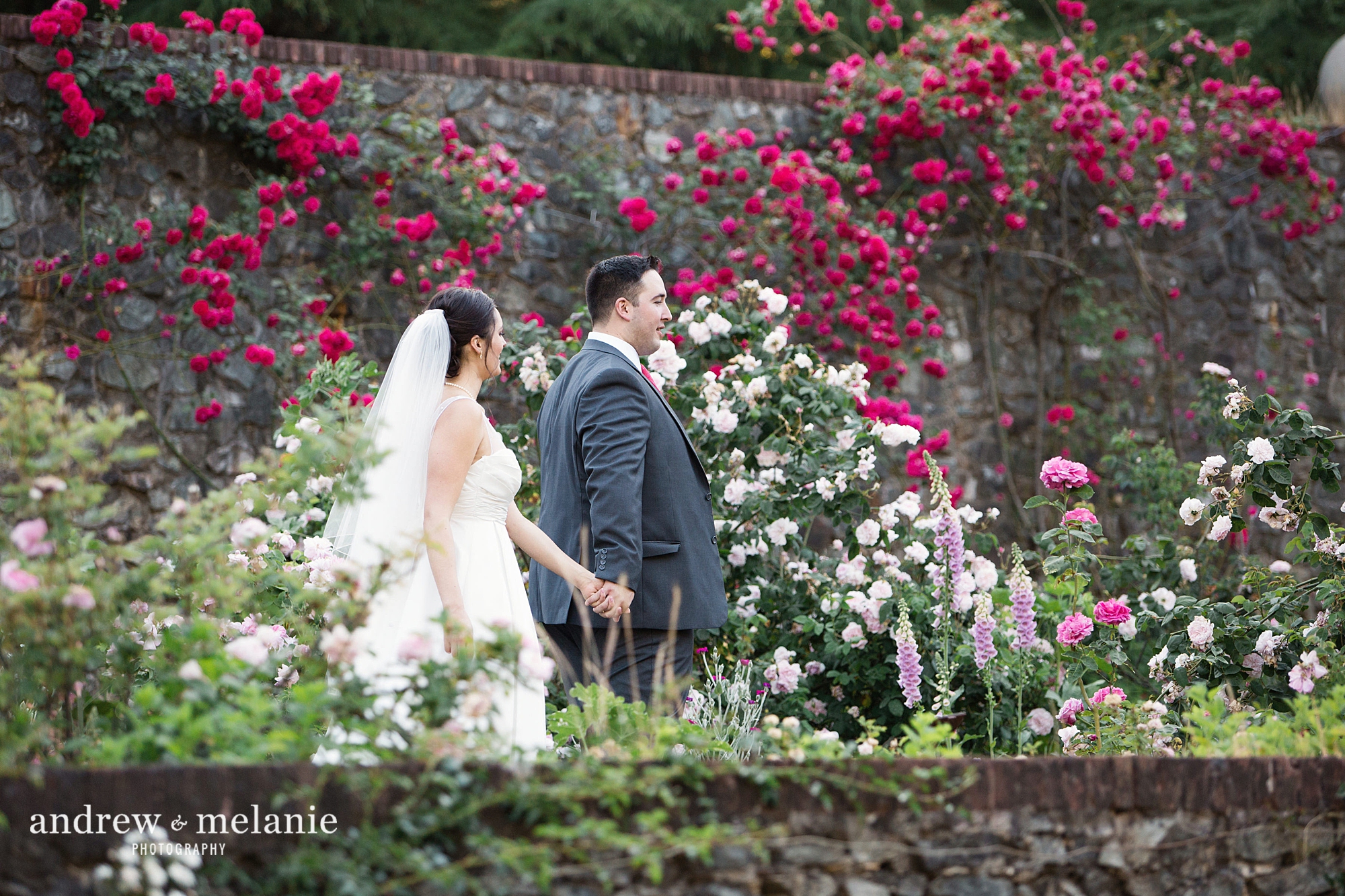 Bride and groom in the garden at empire mine in grass valley, ca