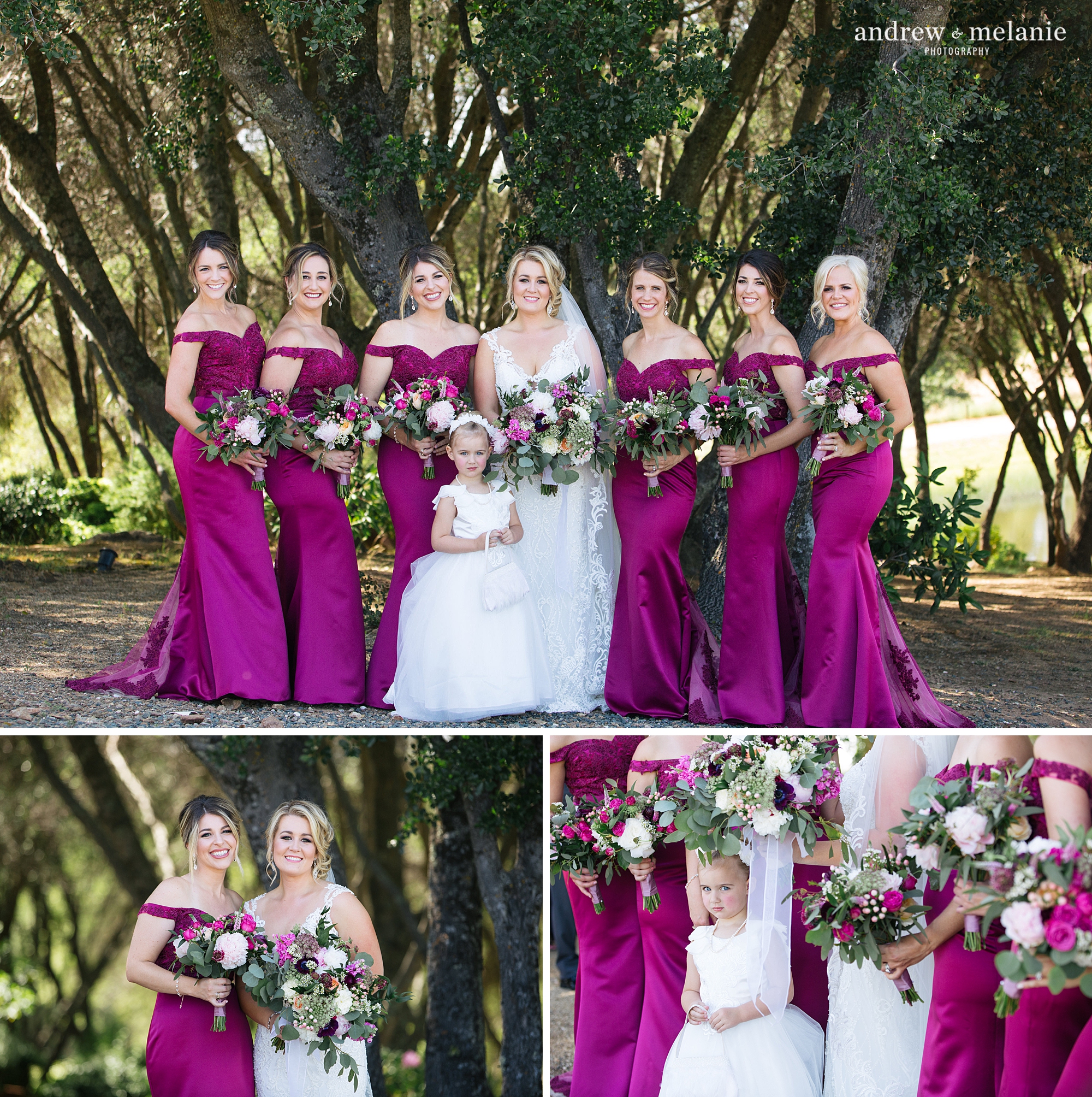 bridesmaids photos with magenta fit and flare dresses Helwig winery